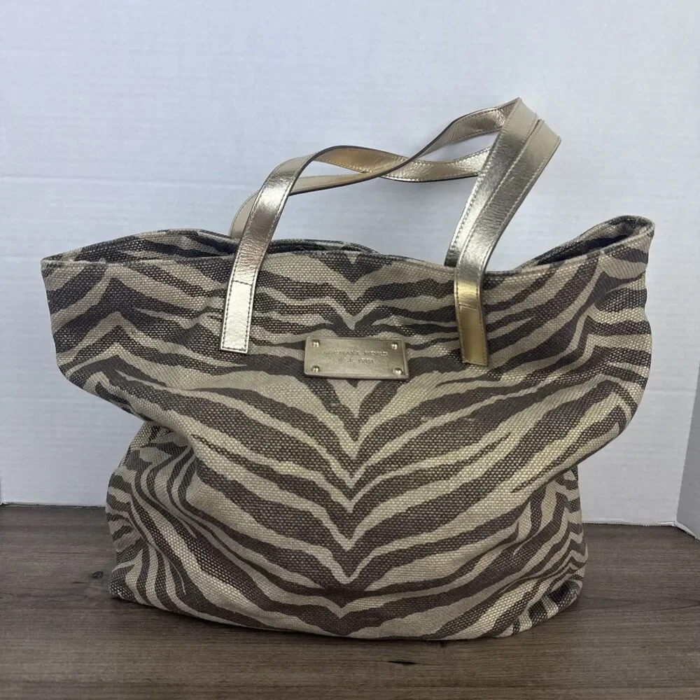 Michael Kors Gold Zebra Print Tote Canvas Bag Purse